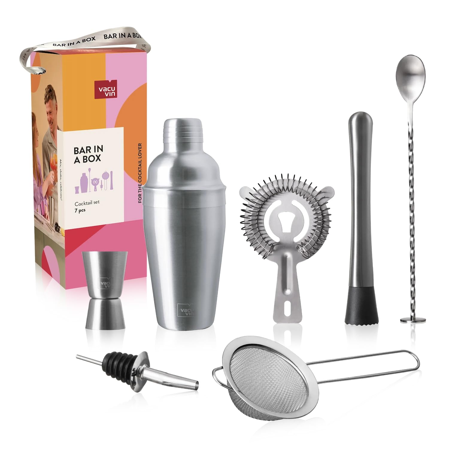 Vacu Vin Cocktail-Set Plus – 7 unverzichtbare Werkzeuge zum Mischen und Servieren von Cocktails – spülmaschinenfest – Cocktailshaker, Doppel-Messbecher, Stößel, Hawthorne-Sieb – perfekte Weingeschenke