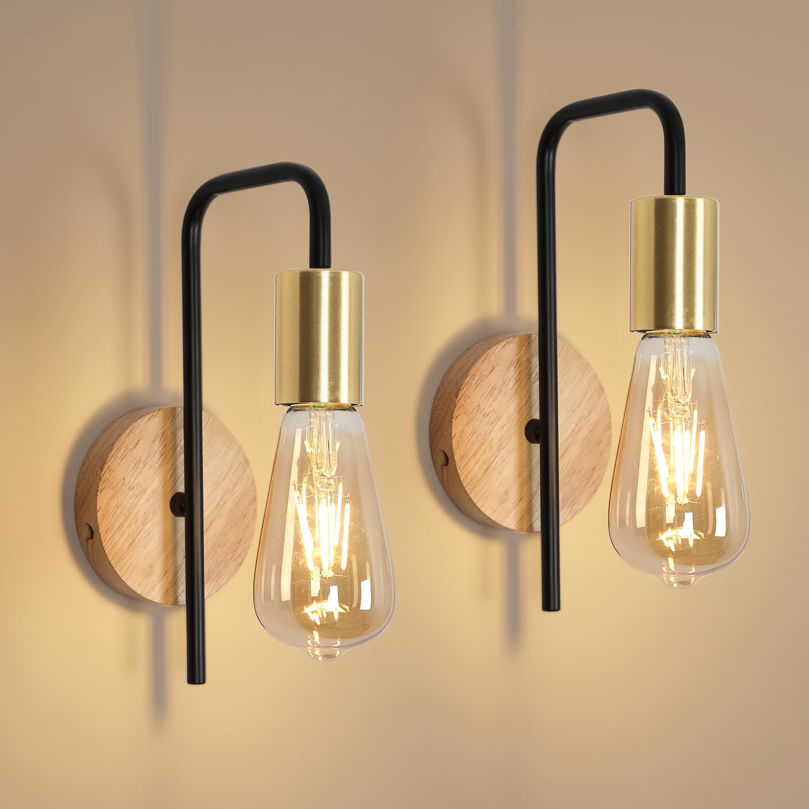 Osairous Apliques de Pared 2 Packs, Madera Lámpara de Pared Industria Vintage, Lámpara de Hierro Retro Negro para Interior Pasillos Sótanos Bares, IP20, E27, Sin bombilla