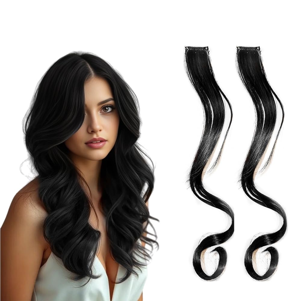 VIEWS 2Pcs Wavy Side Bang Clip in Bangs Synthetic Hair Side Covers Wave Fringe Hair Extensions for Women Girls (Black Color)-image-14