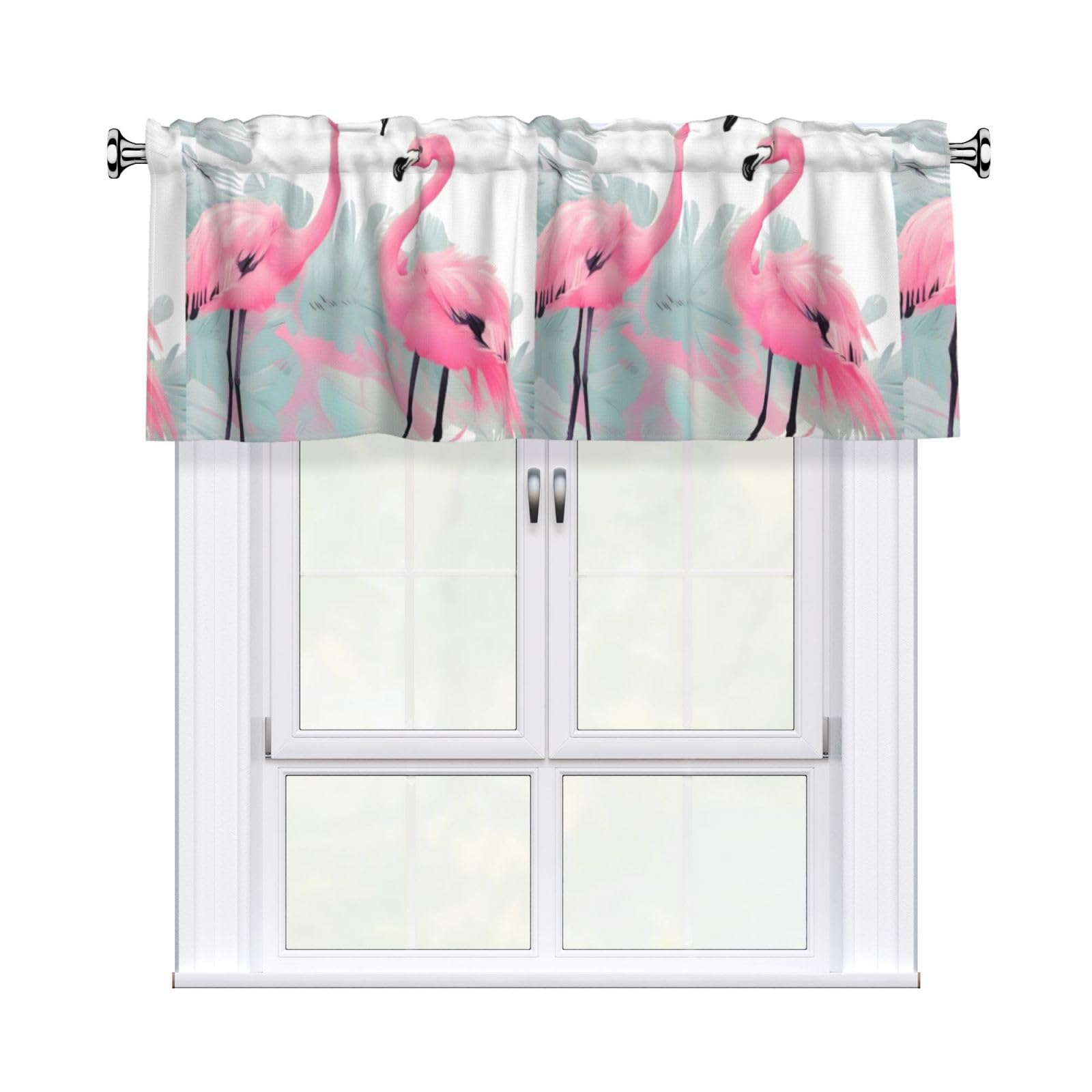 WHJDPP Pink Flamingo Prints Charming Kitchen Window Cover – 54x18 Inch Peach Skin Valance with Decorative Print