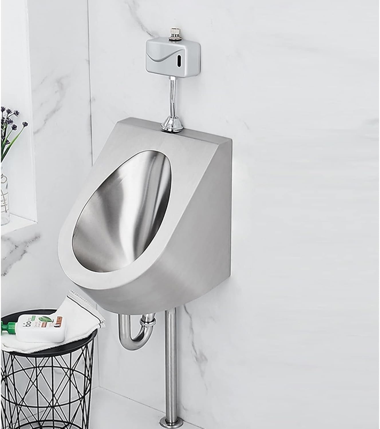 Induction Flushing Urinal,Wall-Mounted 304 Stainless Steel Urinal, Wall Mounted Vertical Urinal Household Men's Urinals, for Families Hotels Schools Public Restrooms