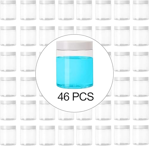KEILEOHO 46 tarros de plástico de 8 onzas con tapas, recipientes de almacenamiento de limo de plástico, tarros de boca ancha con tapas para