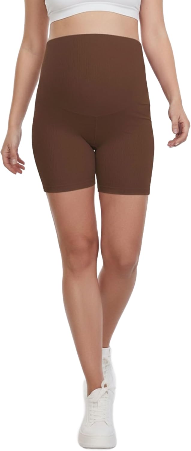 Motherhood Maternity Womens Over The Belly Ribbed Biker Pregnancy Workout Shorts - Image 2
