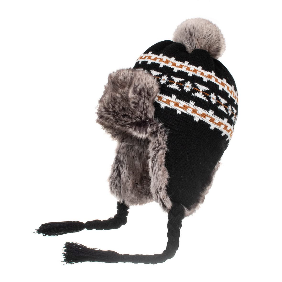 AOOPOO Women Earflap Trapper Hat Faux Fur Trapper Hat Fleece Lined Knitted Ushanka Cap Peruvian Beanie Hat Black