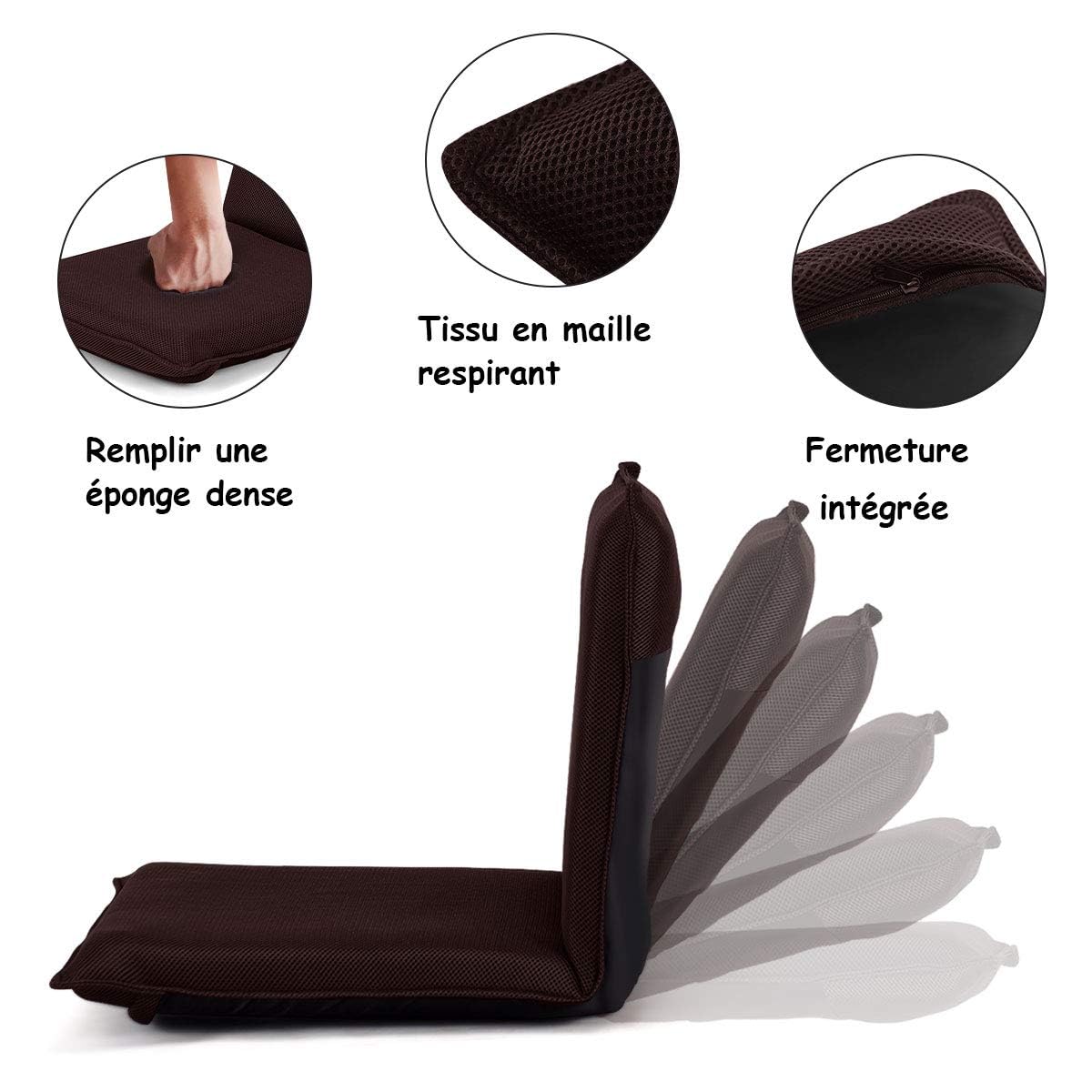 GOPLUS Chaise de Sol Pliante avec 6 Positions Réglables, Fauteuil Convertible Paresseux Inclinable Rembourré d’Éponge, Chaise de Plancher pour Maison, Bureau,97x47x8CM (Marron)