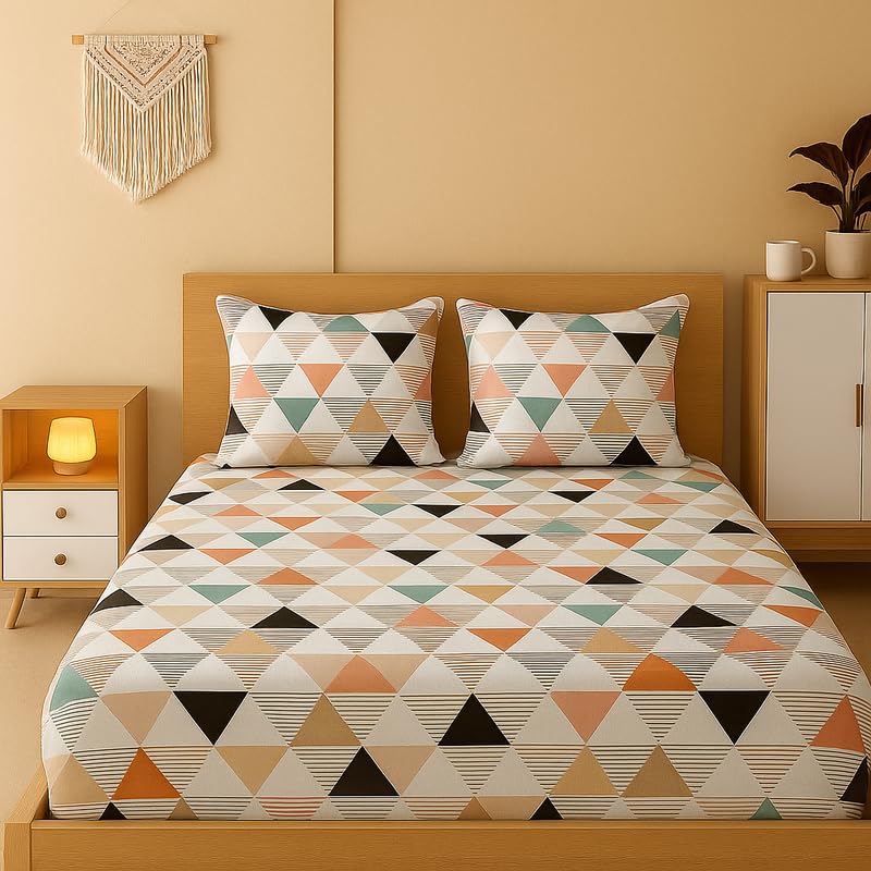 Image of NEW LEAF 320 TC Cotton All Around Elastic Fitted Printed Bedsheets King Size, Premium Fitted Bedsheets King Size for Double Bed with 2 Pillow Covers, Size- 78 inch x 72 inch White Orange