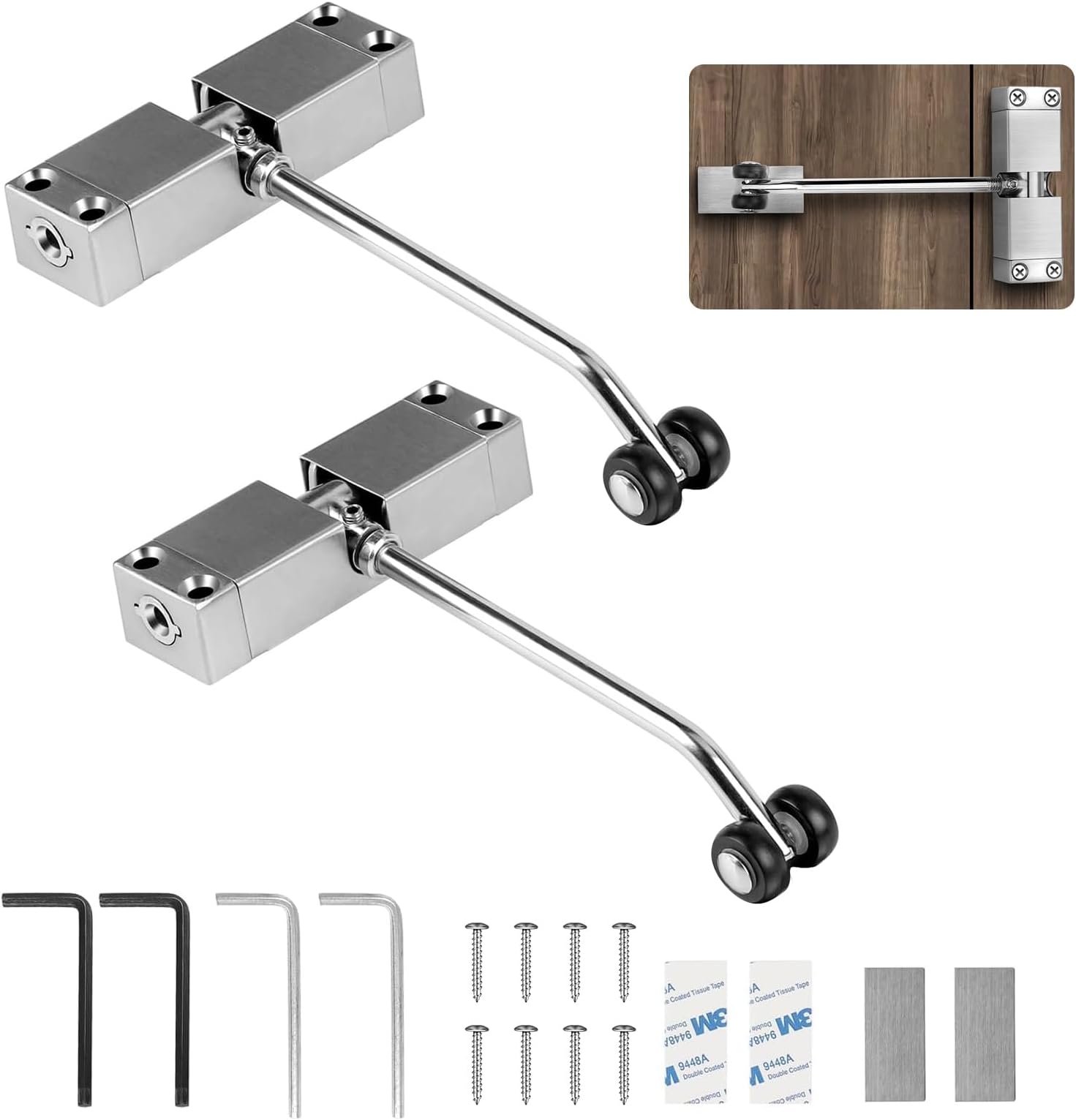 Automatic Spring Door Closer, 2PCS Stainless Steel Adjustable Door Spring Closer for Interior Door, Quiet Auto Gate Closer Door Closing, Safety Door Stopper with Adjusting Rod and Screws