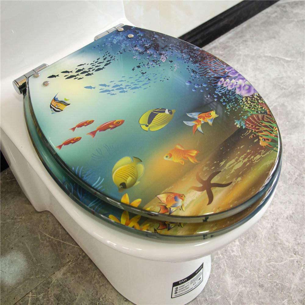 Asiento de inodoro de resina, con fijación superior y liberación rápida, fácil de instalar, fácil limpieza, anti-bacteriano, tapa de inodoro azul claro mundo submarino