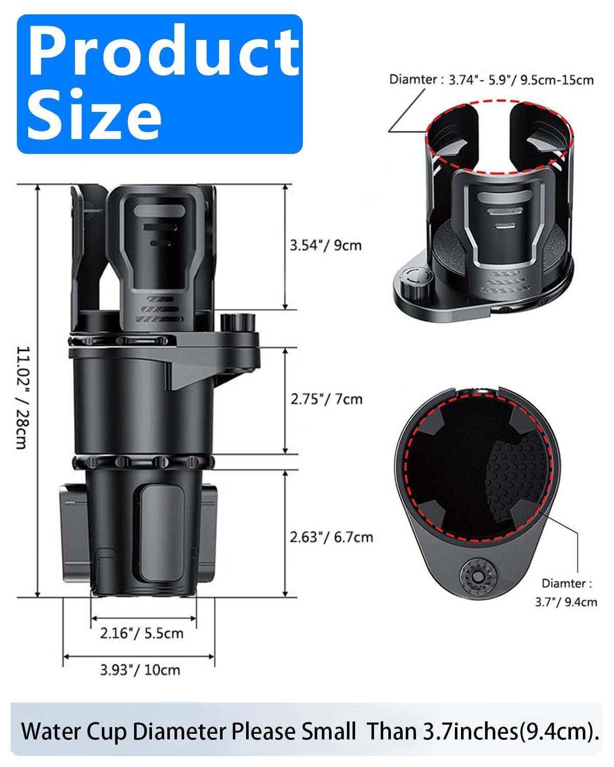 Porte-gobelets 2 en 1 pour voiture multifonction rotatif 360° pour la plupart des porte-gobelets et organisateur d'intérieur voiture