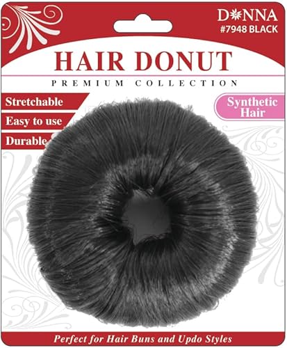 Donna Hair Donut – Synthetic Hair Bun Maker for Easy Updos, Ballerina Buns & Top Knots – Stretchable & Durable Hairpiece for Natural-Looking Styles – Black
