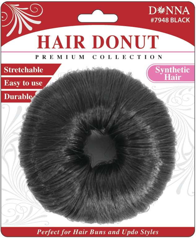 Donna Hair Donut – Synthetic Hair Bun Maker for Easy Updos, Ballerina Buns & Top Knots – Stretchable & Durable Hairpiece for Natural-Looking Styles – Black