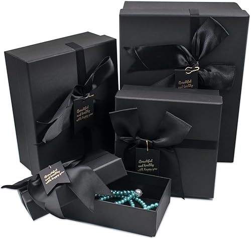 KeaJuidy 4 cajas de regalo negras con tapas para regalos, juego de cajas de regalo anidadas, caja de regalo vacía para envolver regalos, cajas de