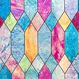 Static Cling Window Privacy Film Stained Glass Door Film Colorful Moroccan Lattice No Glue Decorative Bathroom Door Coverings Tints UV Sun Blocking Heat Control,17.5 inches by 78.7 inches