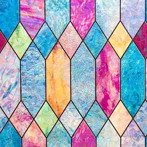 Static Cling Window Privacy Film Stained Glass Door Film Colorful Moroccan Lattice No Glue Decorative Bathroom Door Coverings Tints UV Sun Blocking Heat Control,17.5 inches by 78.7 inches