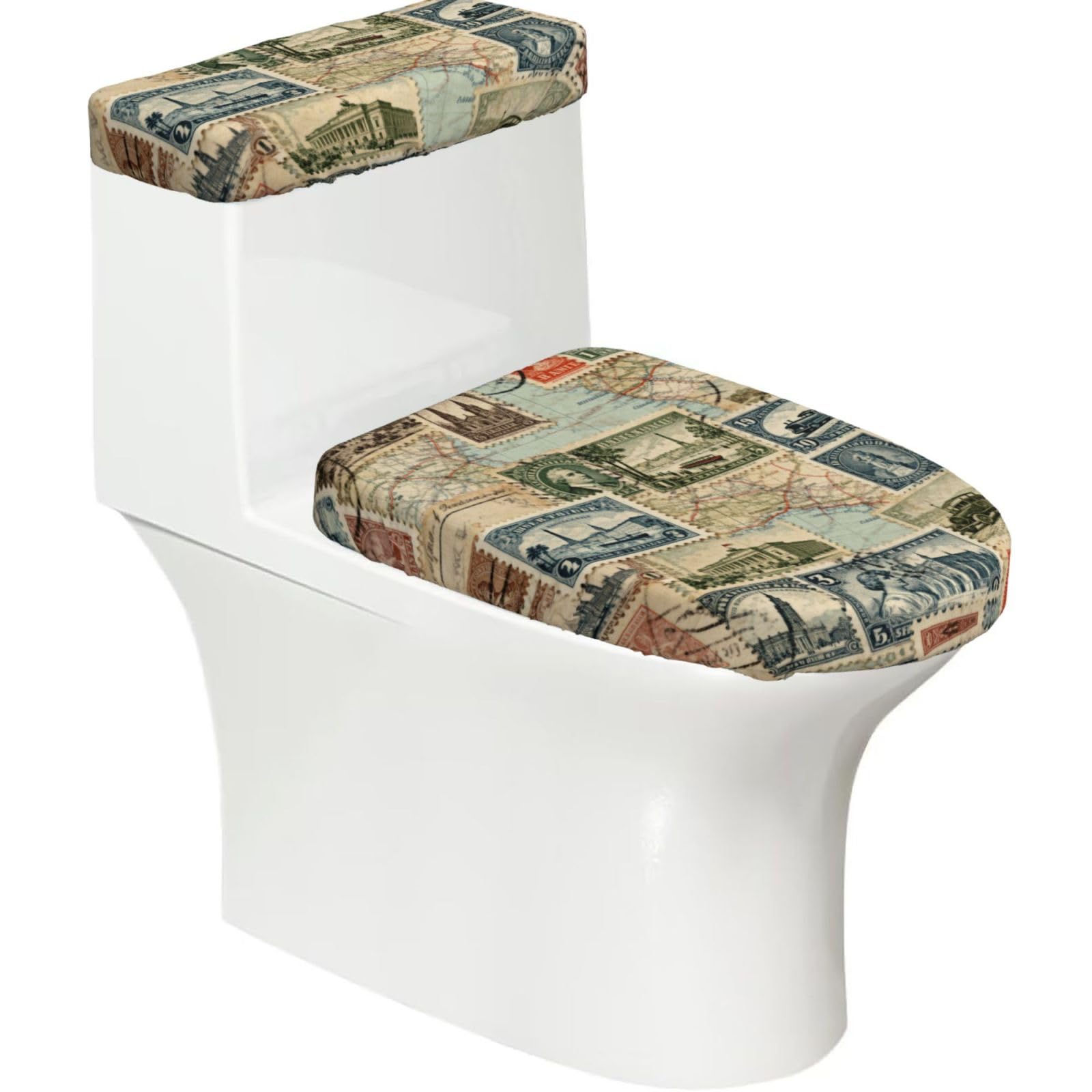 Stamp Elastic Toilet Cover Set of 2-Stretchy Lid and Tank Covers for Bathroom, Soft Washable U Shape Toilet Decor