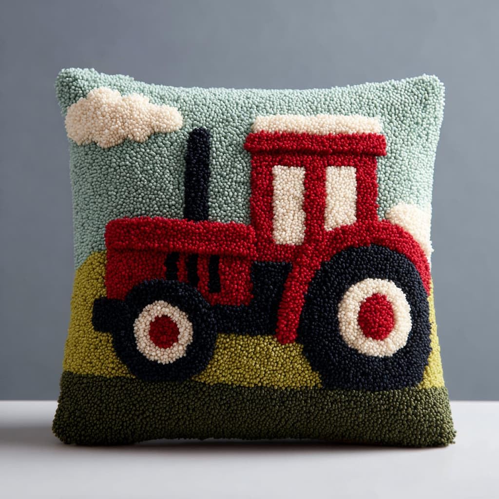 Taxpy Latch Hook Kits, Cartoon Tractor Cushion Craft Kits Pillow Cover Making Crochet Pre Printed Canvas Needlework Latch Hook Cushion Cover Kits,43x43cm