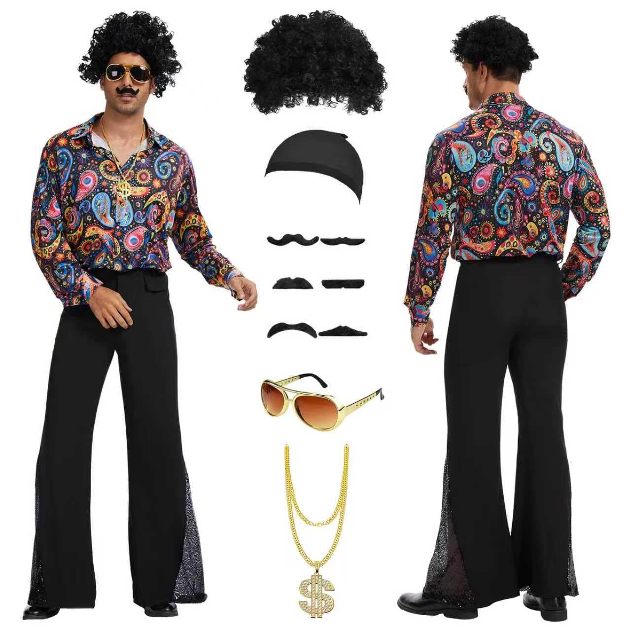 PORJDN Disco Costume for Men, 70s Hippie Outfit with Afro Wig and Accessories, 1970s Retro Party Shirt, 80s Disco Fancy Dress for Halloween Theme Parties (Colorful, 2XL)