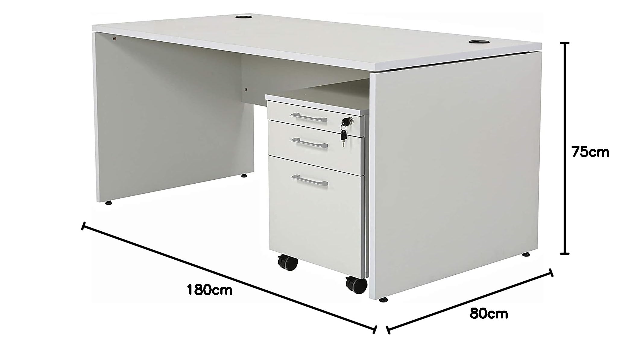 furni24 Schreibtisch fürs Arbeitszimmer und Home Office - Großer laminierter Computertisch aus Holz, 2 Kabeldurchlässe und mit verstellbarem Metall kabelkanal-Nuvi (Grau, Kabelkanal 180x80x75 cm)