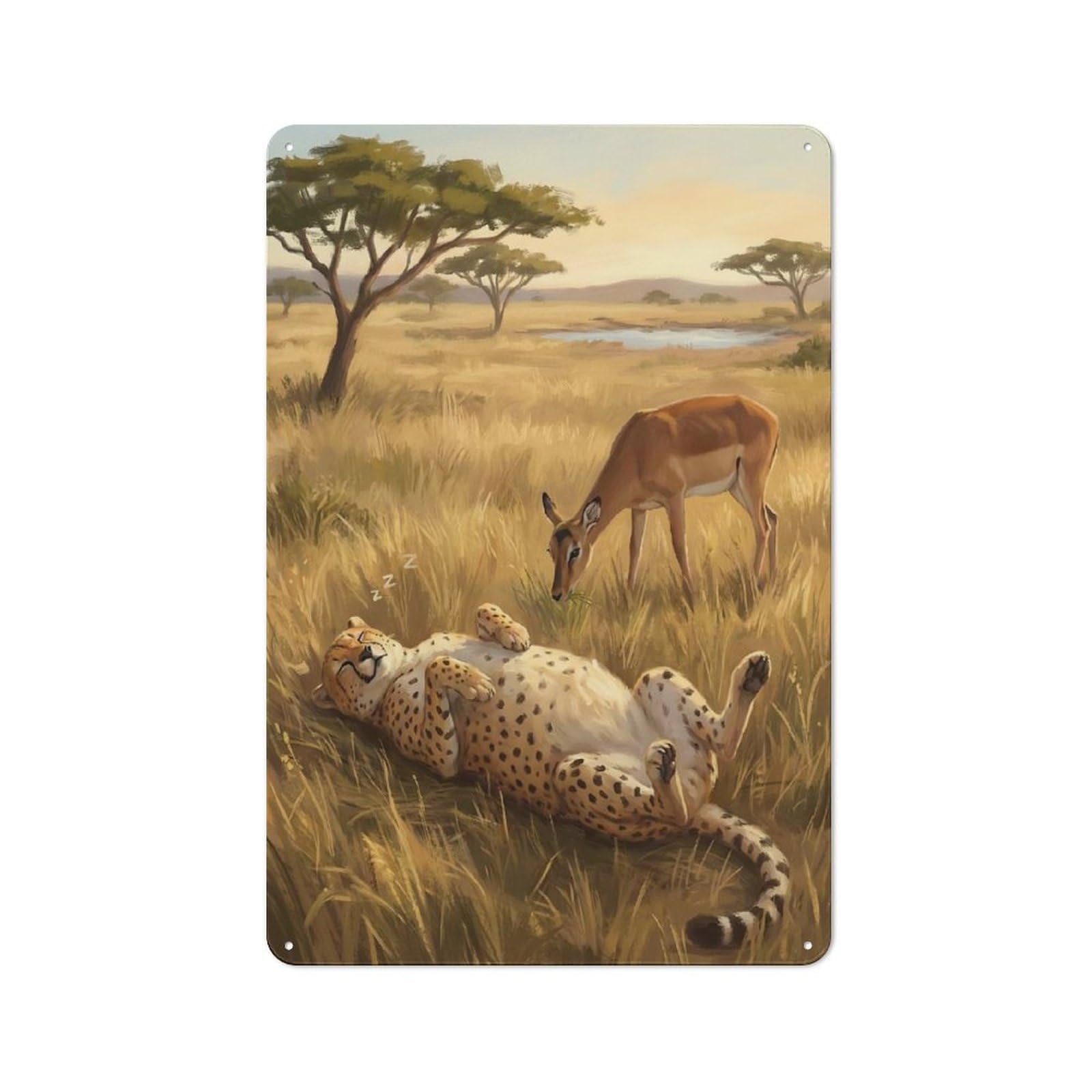 Junmoney Style-5 Sleeping Cheetah And Grazing Impala Clean Industrial Metal Wall Decor 30X20cm, Decorative Metal Plaque For Workspace, Cafe, Hallway Or Garage