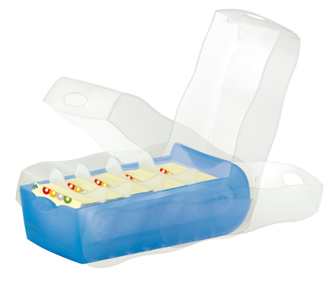 HAN 997 Karteibox CROCO DIN A7 quer mit 5 Stützplatten und 100 Karten (transluzent-blau, 3 Boxen Spar-Set)