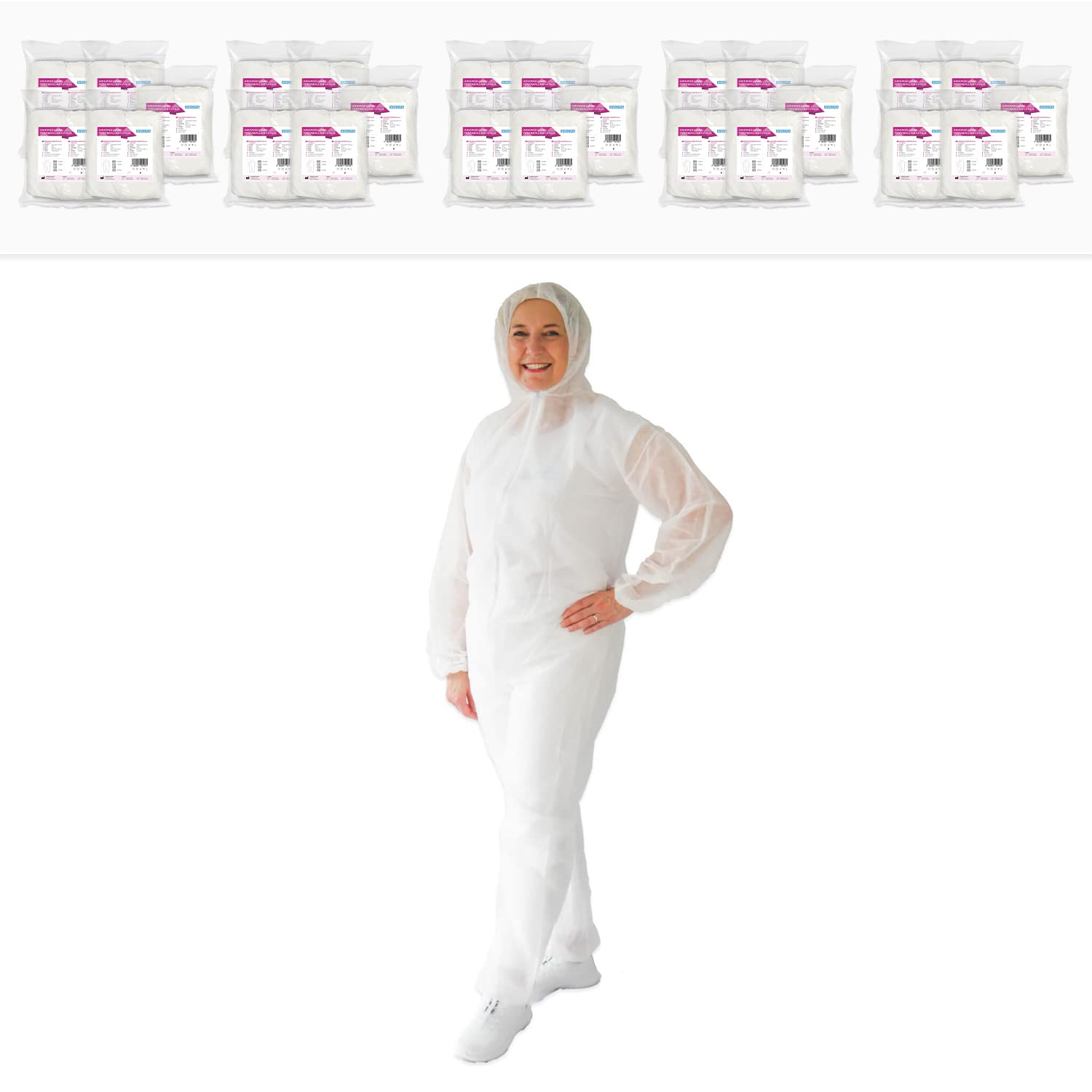 ARNOMED ARNOMED Mono de trabajo hombre, mono trabajo mujer desechable blanco de PP, 50x mono trabajo hombre de cuerpo entero talla L (130x171cm), mono pintor desechable con capucha, mono mecanico sin látex
