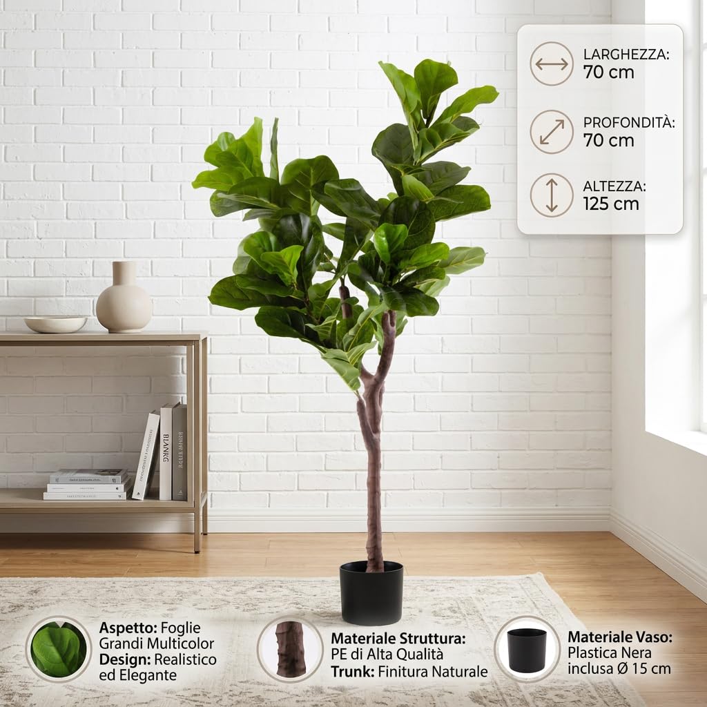 Pianta Artificiale Ficus Lyrata Alta 125 cm, Pianta Decorativa in PE Realistica per Soggiorno Ingresso Sala da Pranzo, Accessorio Verde Senza Cura