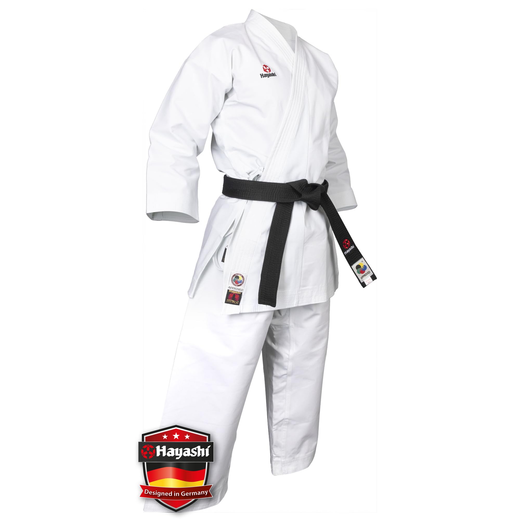 Hayashi Karate-Gi Katamori – Profi Karateanzug Damen Herren Kinder – WKF Approved Kata Gi – Schwerer 13 oz Anzug aus 100% Baumwolle – Weißer Karategi mit Snap-Effekt – Ideal für Wettkampf & Training