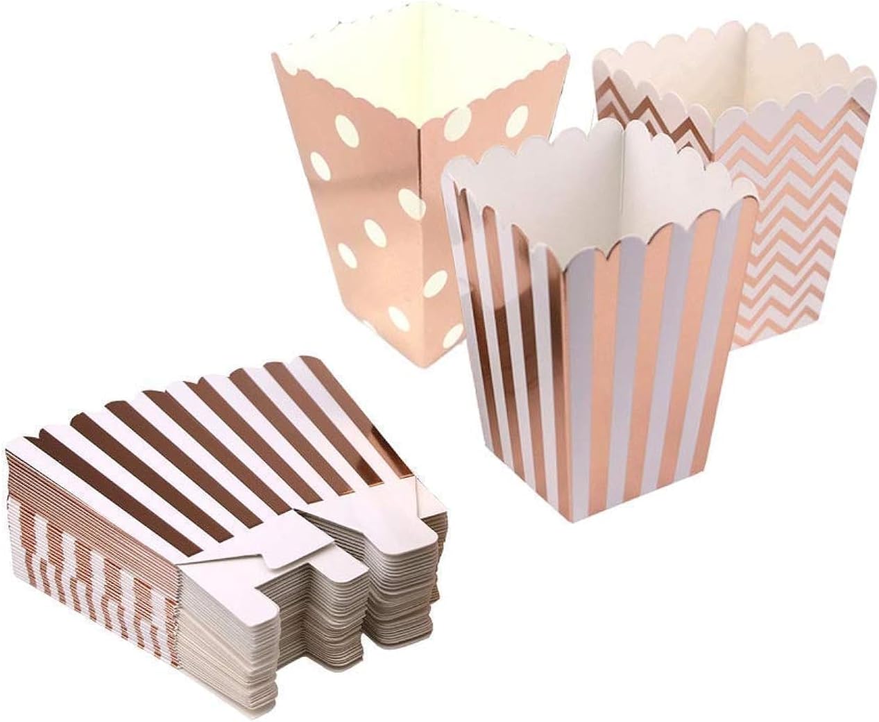 36PCS Popcorn Boxes Cardboard Candy Boxes Polka Dot Stripe Chevron Ripple，For Birthday, Bridal and Baby Shower，Carnival/Graduation/Party/Movie/Fiesta，Dessert Tables Wedding Party Supplies (Rose Gold)