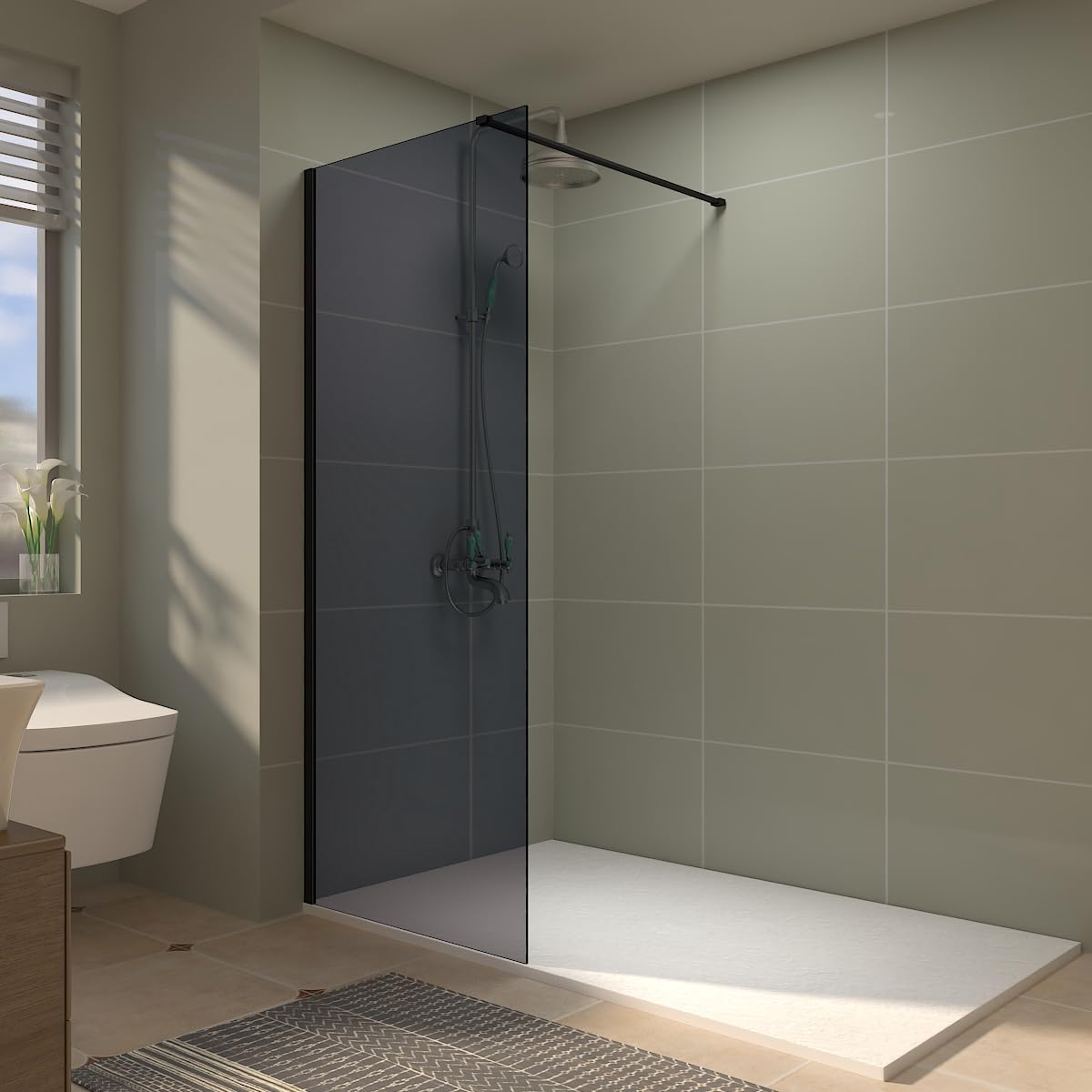 Aquariss 900mm Black Framed Walk-in Shower Screen 8mm Safety Grey Tempered Glass Door Panel Reversible Easy Clean Wetroom Shower Enclosure