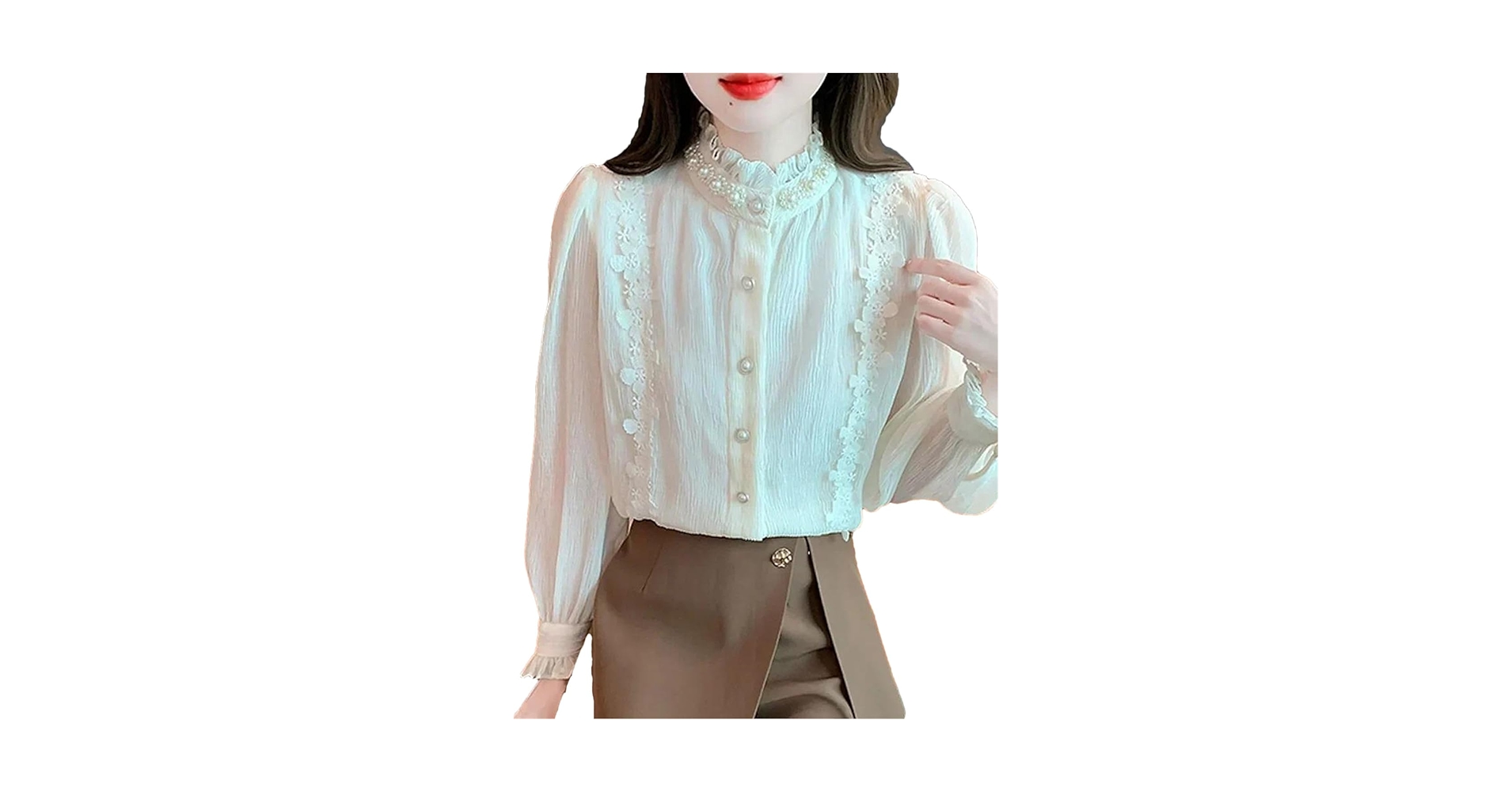 Beading Stand Collar Lace Chiffon Shirt Women Tops Shirts