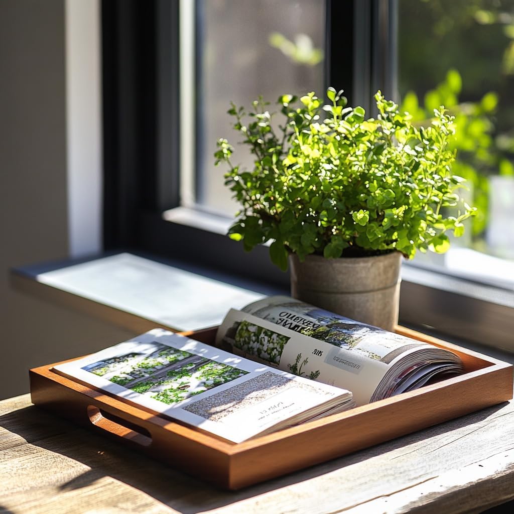2 Sizes Acacia Wood Serving Tray with Handles, 17x13 & 16x12 inch Rectangular Ottoman Trays, Decorative Wooden Tray for Food, Drinks, Coffee Table, Living Room, Kitchen, Brown, 2 Pack