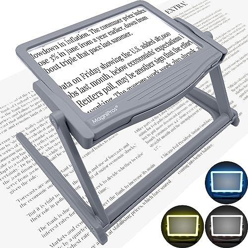 MAGNIPROS Patented 5X Large LED Page Magnifier with Detachable Stand | Eye Caring 3 Color Light Modes & Anti-Glare Lens to Reduce Eye Strain-Ideal for Reading Fine Print, Crafting, Low Vision Seniors