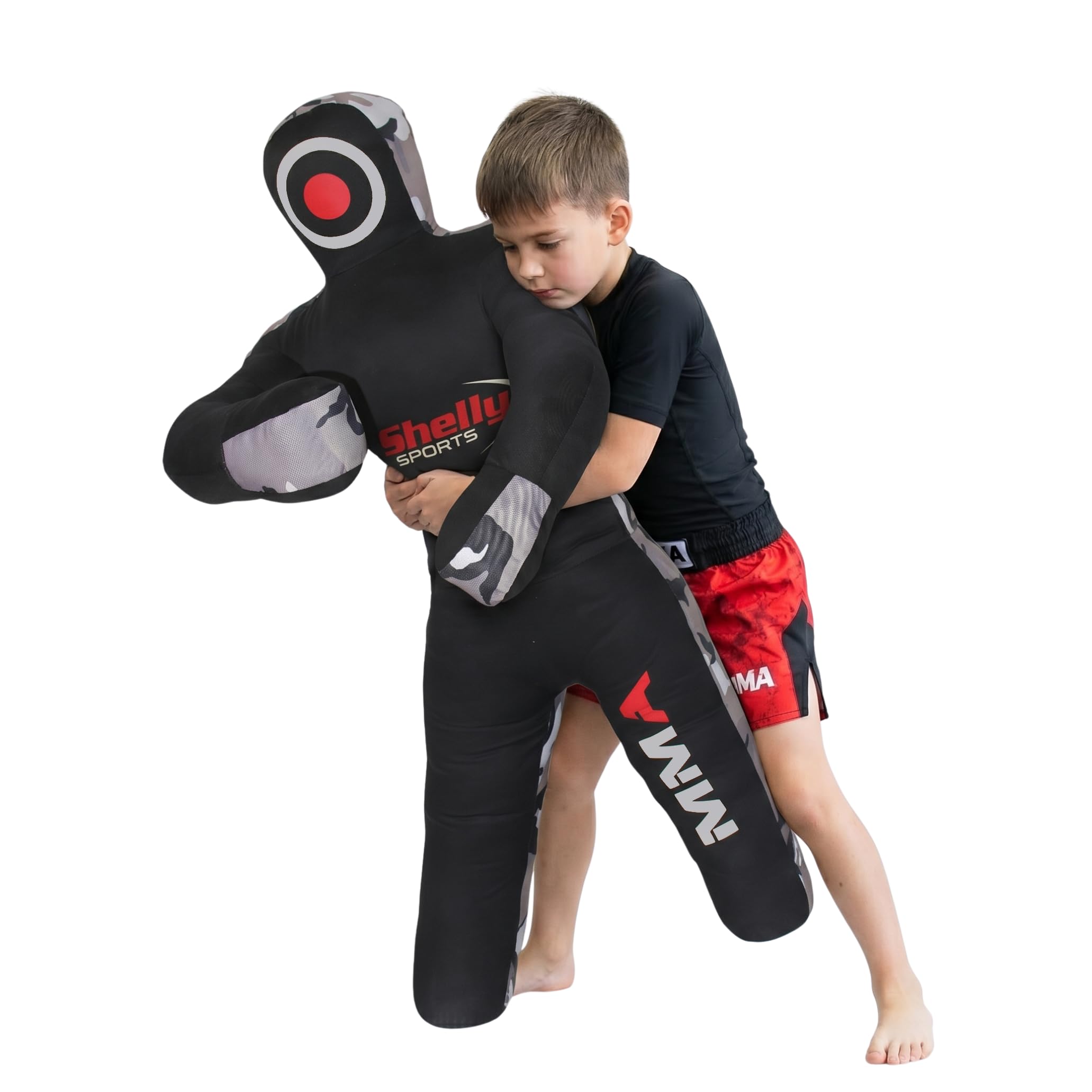 Shelly MMA Grappling Dummy for Kids BJJ Punching Bag Wrestling Buddies Brazilian JIU Jitsu Standing Position Dummy Martial Arts Boxing Karate Training Dummies - UNFILLED (Black/Camo Gray)