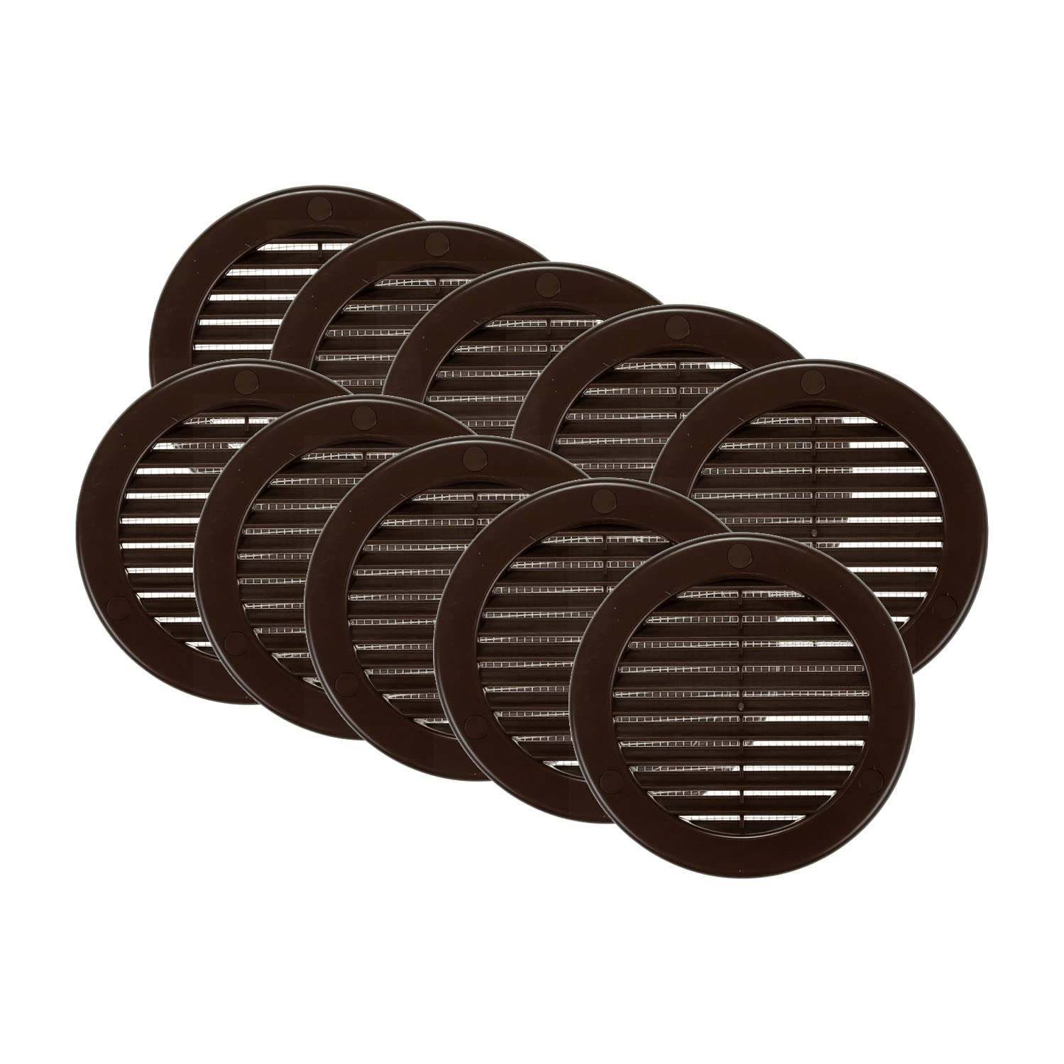 Vent Systems 4" Inch (Opening Dimensions) Brown Soffit Vent Cover with Flange - Pack of 10 Plastic Round Air Vent Grille - Built-in Mesh Screen HVAC