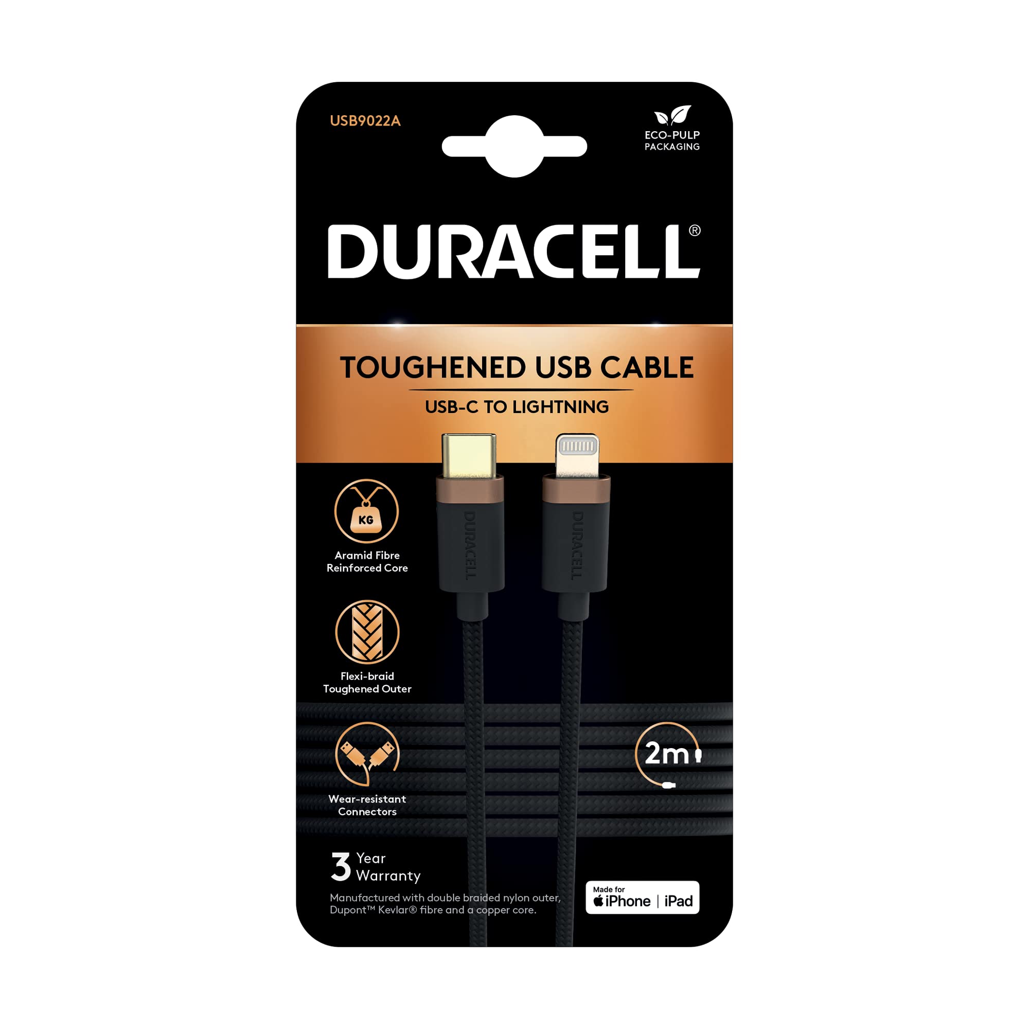 Duracell Cavo intrecciato lungo da 2 m nero USB-C a fulmine temperato - Cavo di ricarica certificato MFI