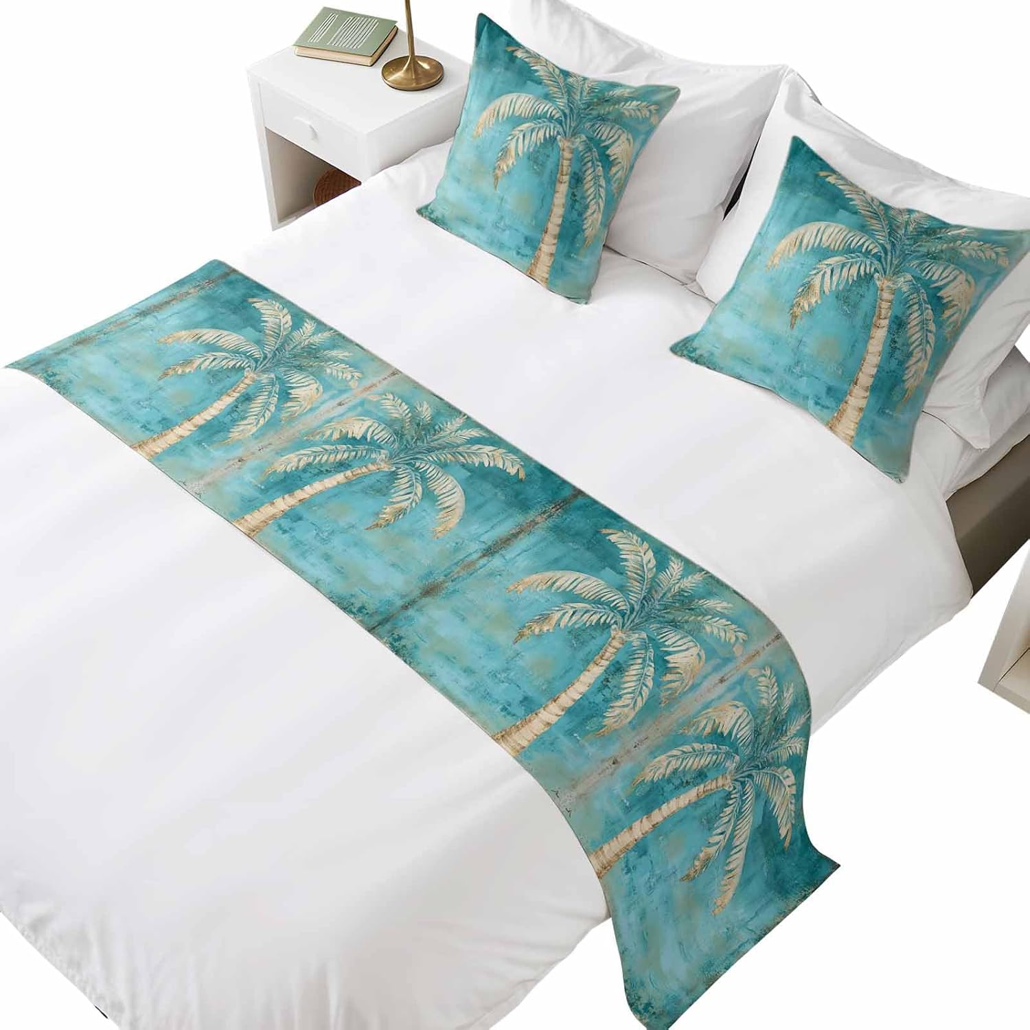 3pcs Bed Runner Set, 102x20in, Retro Coconut Tree Tropical Plant Hand-Painted Oil Painting Cal. King Bed Runner Scarf & 2 Pillowcases, Soft Bedding Scarves for Home Hotel Decorations