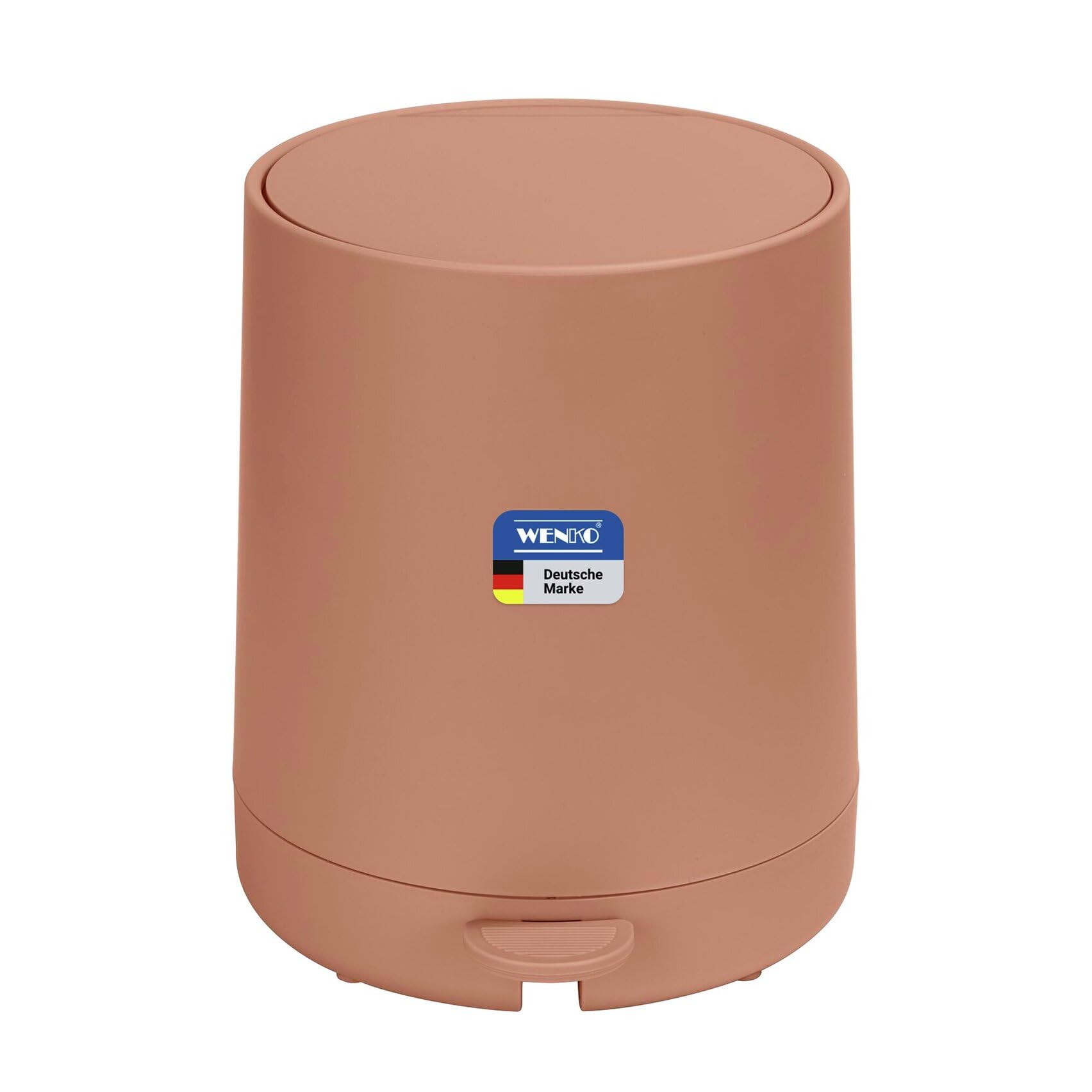WENKO Kosmetik Treteimer Mod. Fablo aus Kunststoff, Soft-Touch-Beschichtung, Bad-Mülleimer 5 L, Abfalleimer mit Easy-Close Absenkautomatik und Einsatzbehälter, für Bad, Küche oder Büro, braun matt