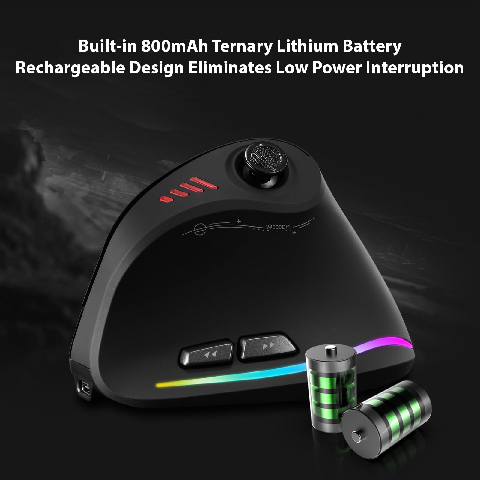 Mouse Ergonomico Verticale, modalità Triple (BLACK) | Mouse da gioco wireless, con joystick, ricaricabile 800mAh, 24000 DPI, per PC portatile