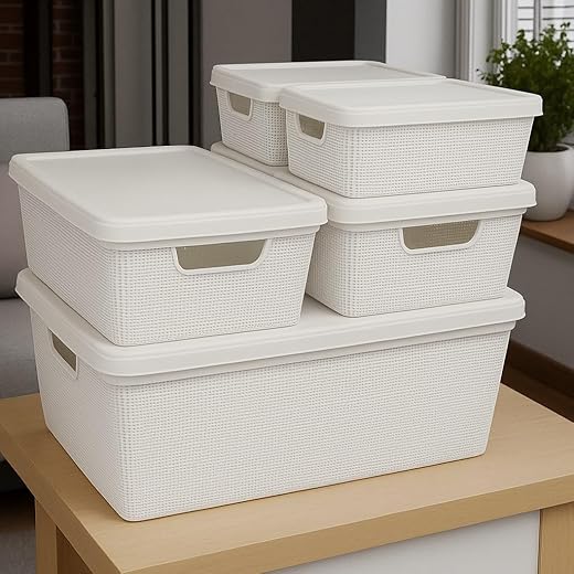 Caixa Organizadora com Tampa Kit 5 Peças Cesto Grande em Plástico 1,8 L 5 L 15 L - Rv-Ecommerce (Branco)