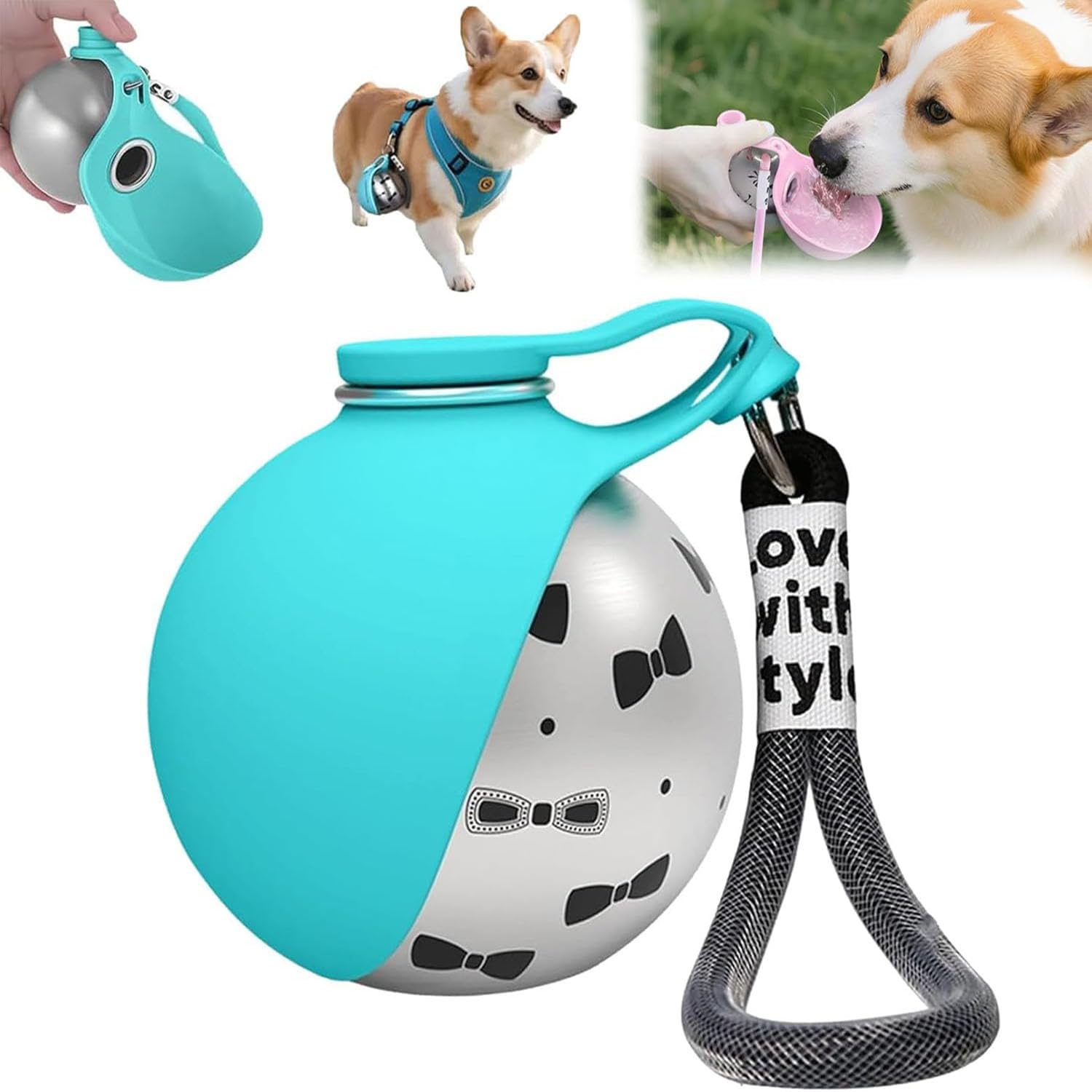 2-in-1 Portable Dog Water Bottle for Small Dogs, Pet Water Bottle for Travel with Foldable Silicone Bowl, Stainless Steel Dog Drink Dispenser with Drinking Feeder for Walking Hiking (Blue+print)