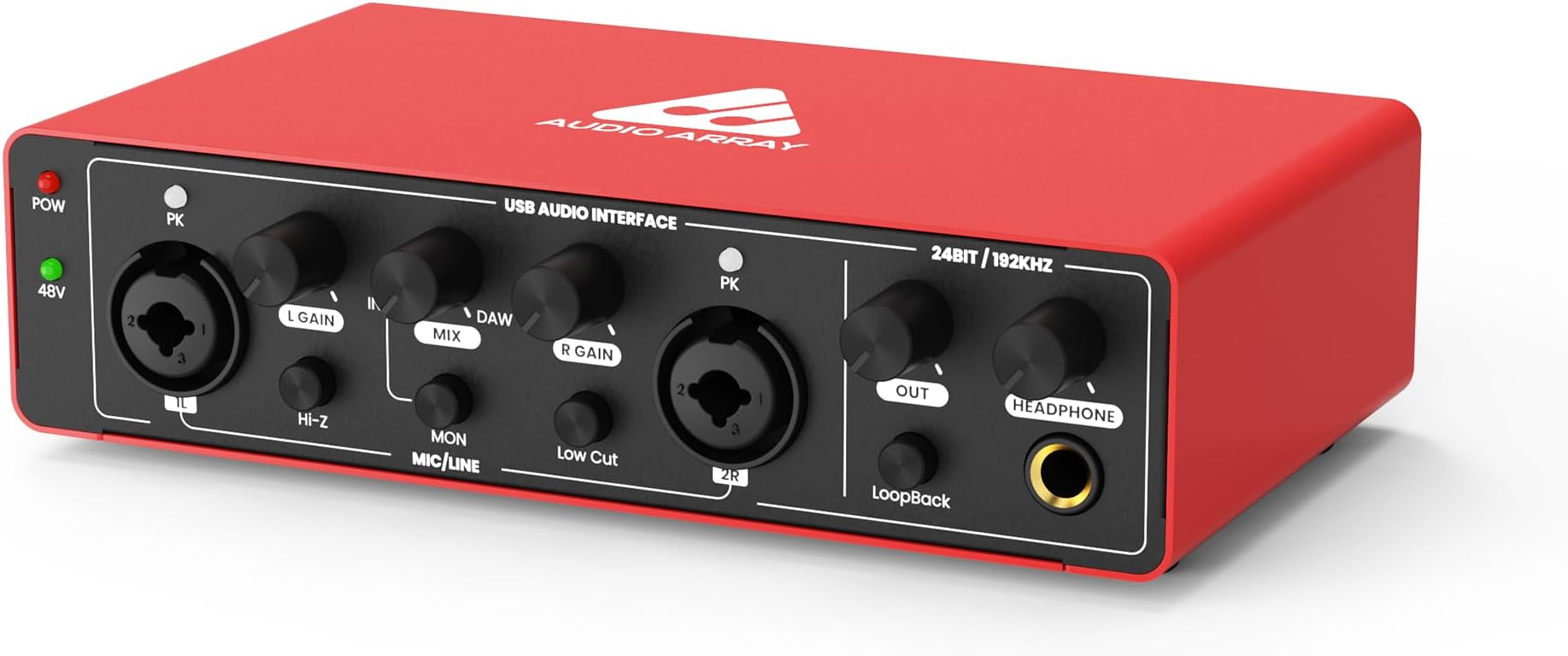 Audio Array AI-04 2x2 Audio Interface | Premium Mic Pre-Amps | 48V Phantom Power Support | 24-bit/192kHz High Fidelity Recording | XLR/MIC/LINE inputs | Plug and Play-No Drivers | Metal Body | Red