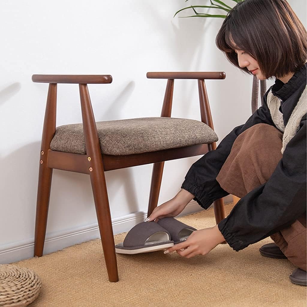 Minimalist Fashion Creative Black Walnut Color Solid Wood Shoe Changing Stool Soft Cushion Seat Stool, Entryway Stool with Armrests for Hallwaycasual/Walnut Color Style a