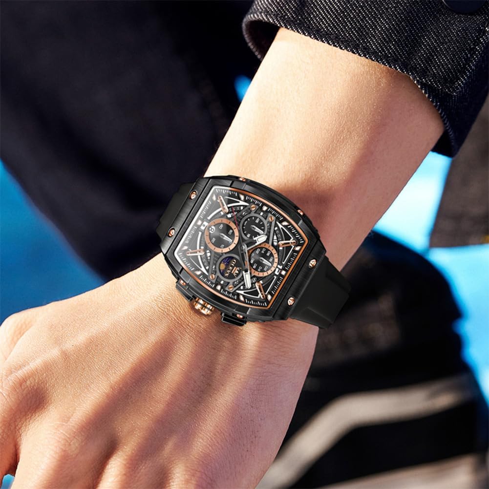 OLEVS Watches for Men, Tonneau Square Water Resistant Mens Fashion Watch, Large Face Multifunctional Moon Phase Three Hands Mens Watch - Image 3