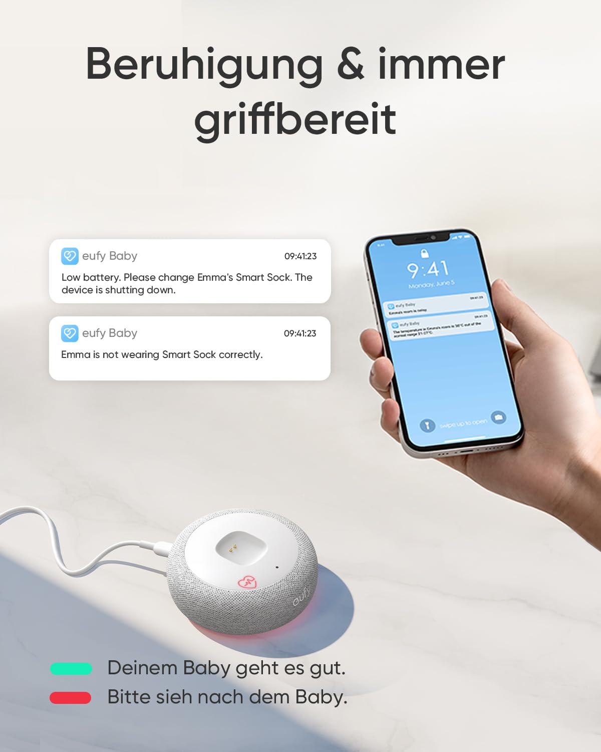 eufy Baby S340 Smart Sock Babyphone, 2,4 GHz WLAN, Überwachung von Schlafmustern, Nickerchen, Puls & Blutsauerstoff, 2K-Kamera, KI-Weinerkennung, Schwenk- & Neigefunktion, Ohne Monatliche Gebühren
