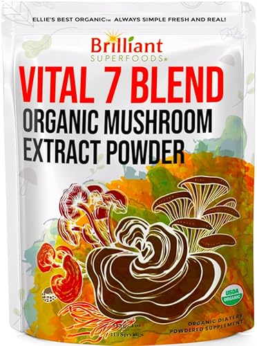 Ellie's Best Suplemento orgánico de mezcla de extracto de polvo de 7 hongos, 114 porciones Cordyceps de doble extracción de alta potencia, Reishi,