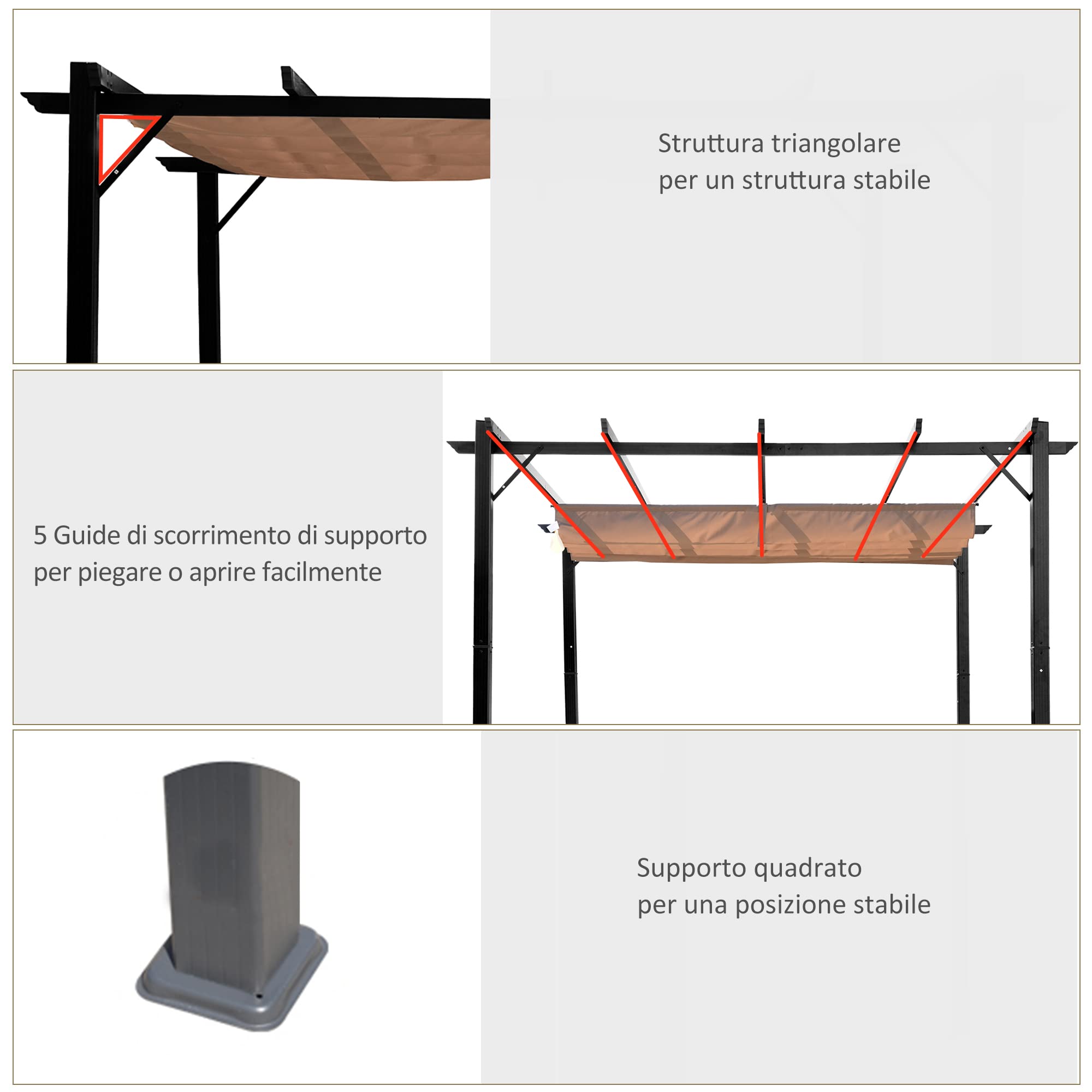 Outsunny Pergolato da Giardino 3x4m Gazebo Pergola Esterno Grigio Marrone