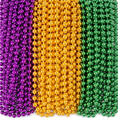 Oojami Bulk Mardi Gras Beads – 33' Round 7mm Metallic Necklaces – Gold, Green & Purple Party Favors for Parade Throws, Carnival & Masquerade (144)
