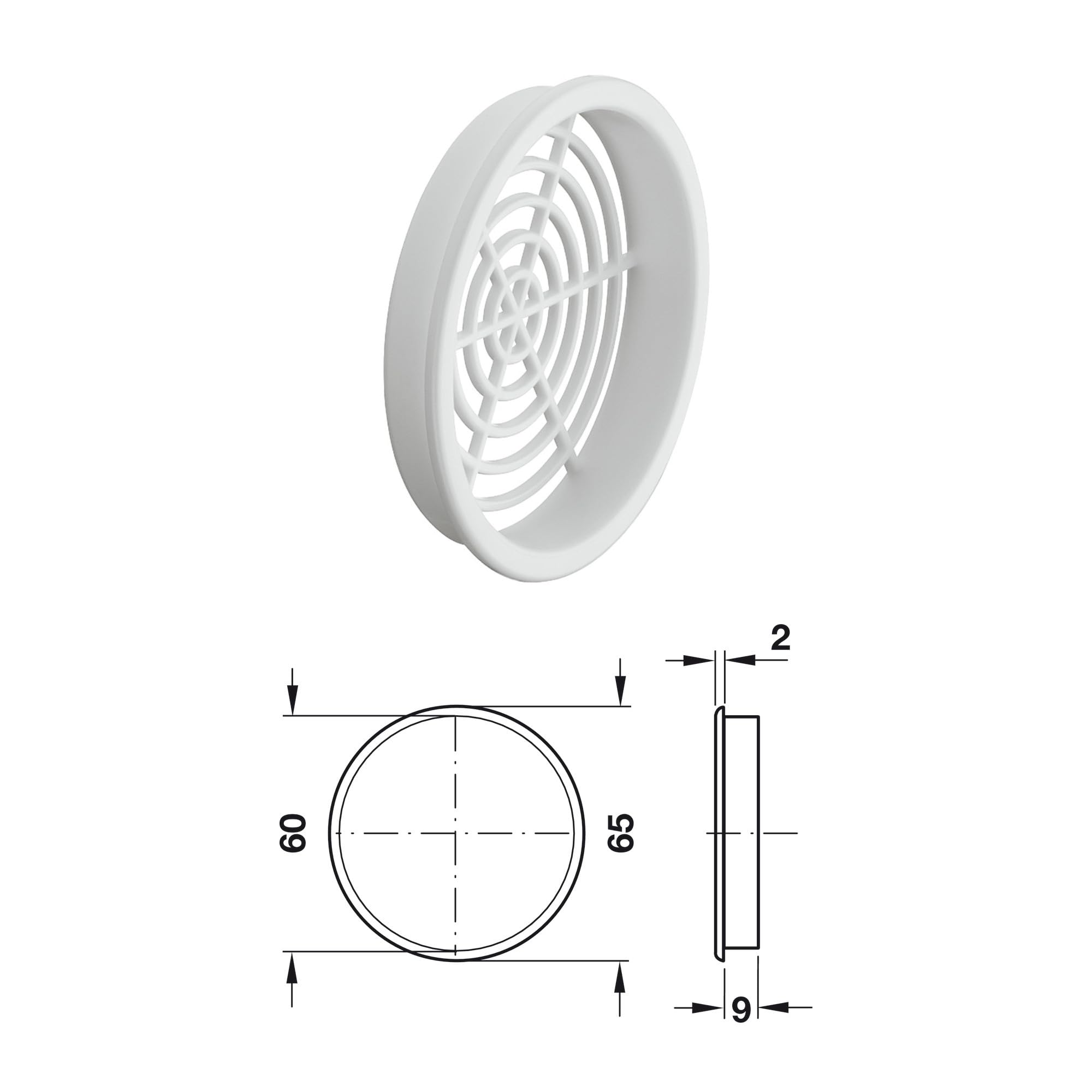 cyclingcolors 5x Rejilla de ventilación redonda 60 mm Diámetro total 65 mm de plástico Orificio Gabinete Armario Cocina, Blanco