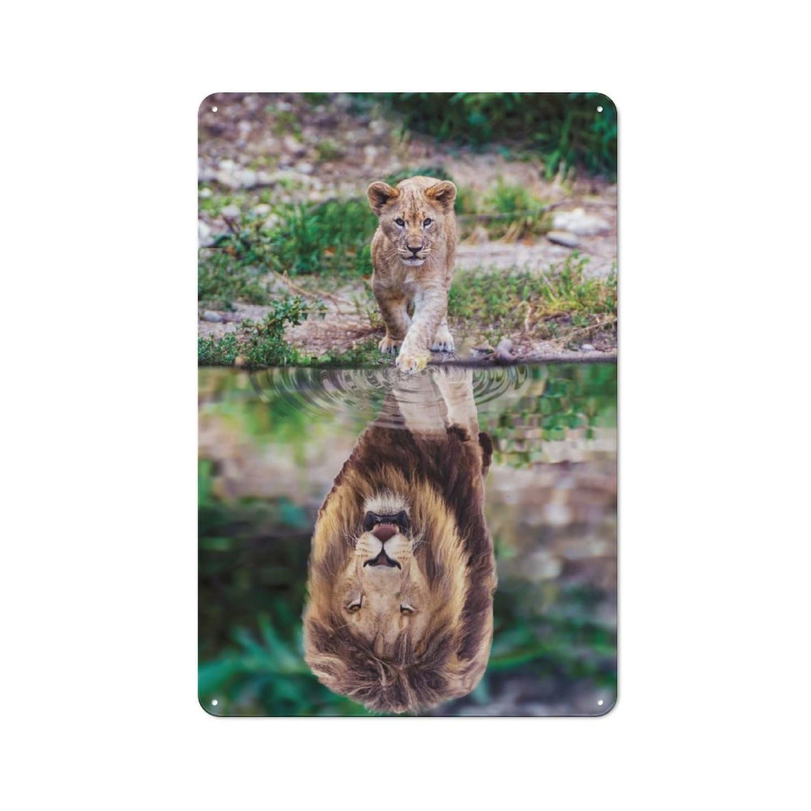 Junmoney Style-19 Lion Cub Water Reflection Rustic Tin Sign 30X20cm For Pub Or Café, For Collectors Building A Themed Wall Display