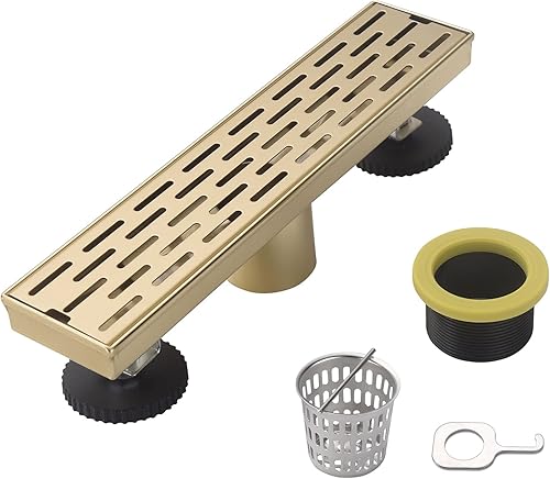 DEOKXZ Drenaje lineal de ducha de 12 pulgadas, color dorado cepillado, cubierta rectangular de drenaje de ducha, acabado de latón de acero